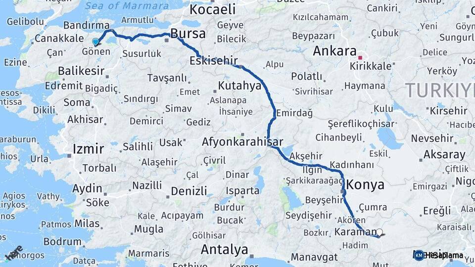 Balıkesir Gönen Karaman Arası Kaç Km - Yol Haritası