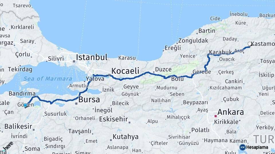 Balıkesir Gönen Kastamonu Arası Kaç Km - Yol Haritası