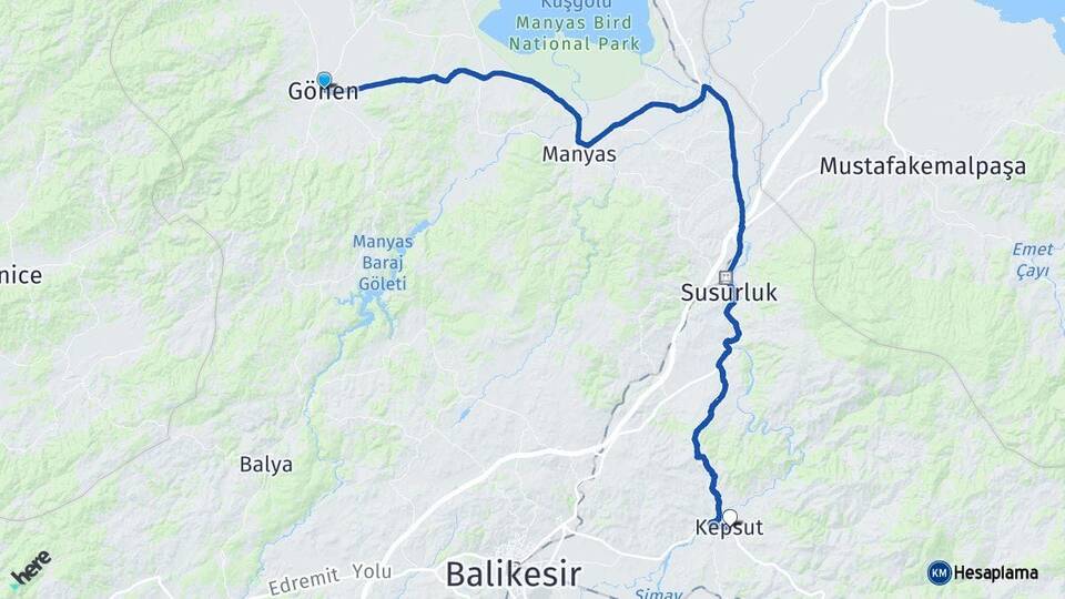 Balıkesir Gönen Kepsut Arası Kaç Km - Yol Haritası
