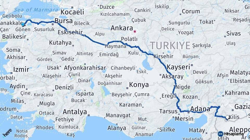 Balıkesir Gönen Kilis Arası Kaç Km - Yol Haritası