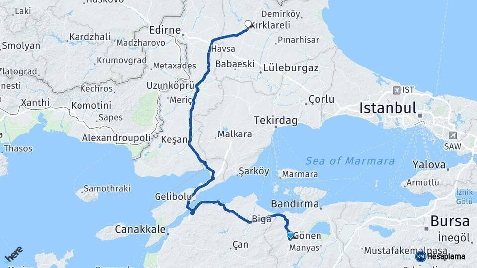 Balıkesir Gönen Kırklareli Arası Kaç Km - Yol Haritası
