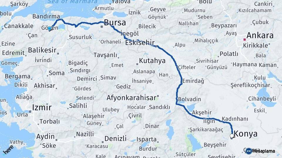 Balıkesir Gönen Konya Arası Kaç Km - Yol Haritası