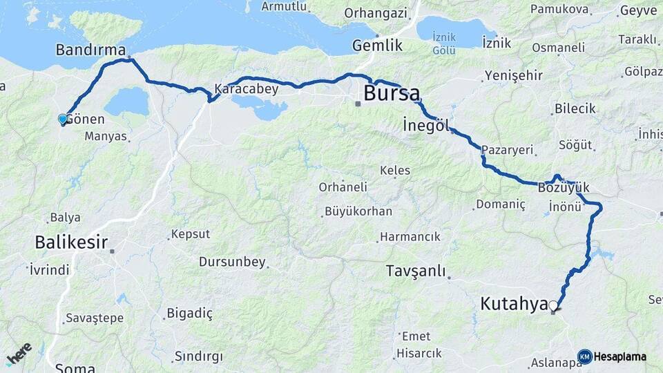 Balıkesir Gönen Kütahya Arası Kaç Km - Yol Haritası