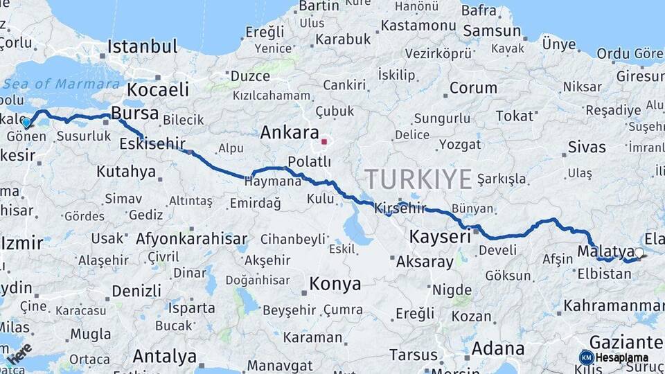 Balıkesir Gönen Malatya Arası Kaç Km - Yol Haritası
