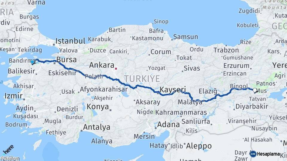 Balıkesir Gönen Muş Arası Kaç Km - Yol Haritası