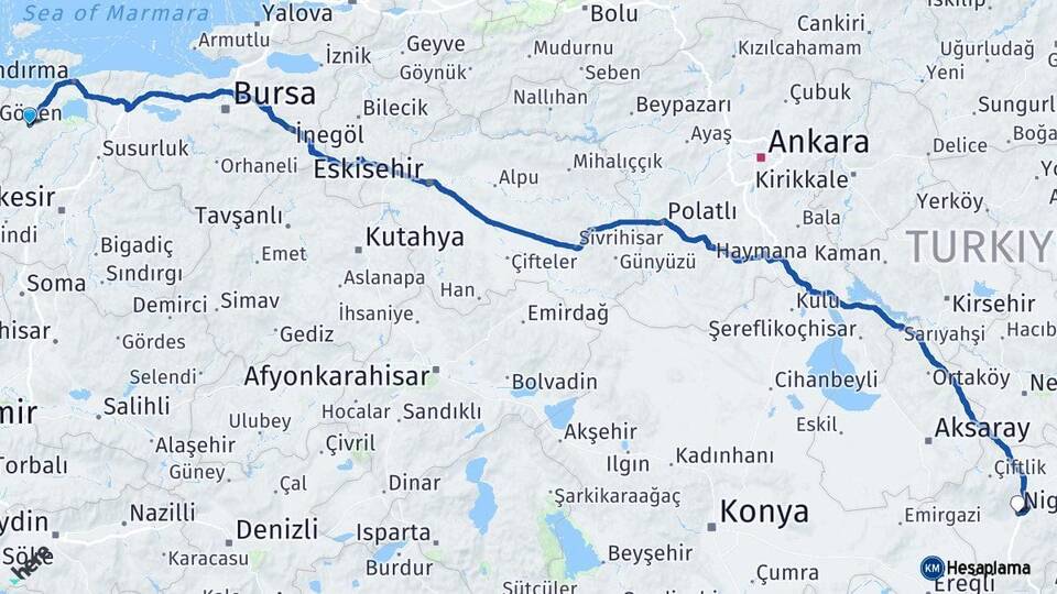 Balıkesir Gönen Niğde Arası Kaç Km - Yol Haritası