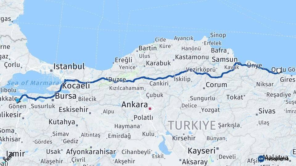 Balıkesir Gönen Ordu Arası Kaç Km - Yol Haritası