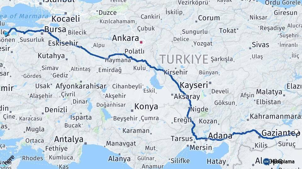 Balıkesir Gönen Şanlıurfa Arası Kaç Km - Yol Haritası