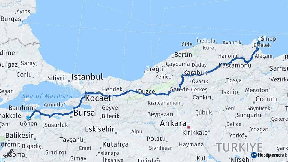 Balıkesir Gönen Sinop Arası Kaç Km - Yol Haritası