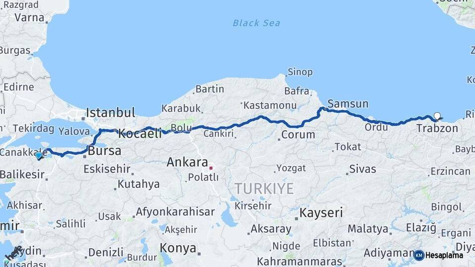 Balıkesir Gönen Trabzon Arası Kaç Km - Yol Haritası