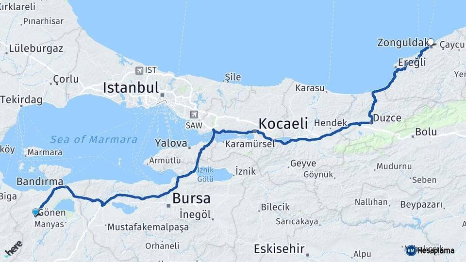 Balıkesir Gönen Zonguldak Arası Kaç Km - Yol Haritası