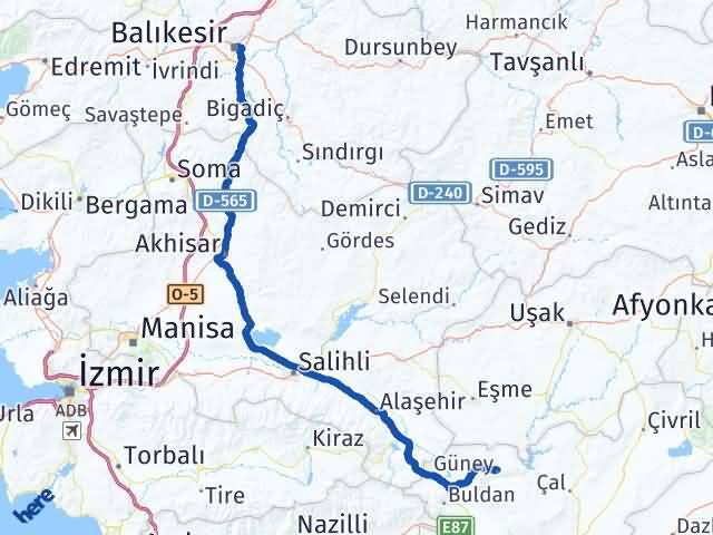 Balıkesir Güney Denizli Arası Kaç Km - Yol Haritası