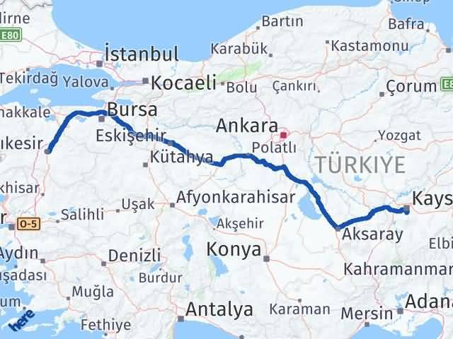Balıkesir Hacılar Kayseri Arası Kaç Km - Yol Haritası