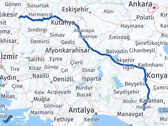 Balıkesir Hadim Konya Arası Kaç Km - Yol Haritası