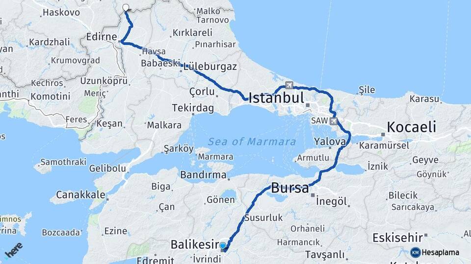 Balıkesir Hamzabeyli Lalapaşa Edirne Arası Kaç Km - Yol Haritası