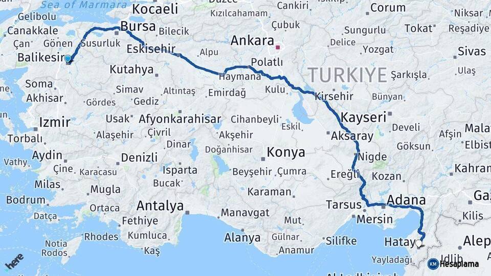 Balıkesir Hatay Arası Kaç Km - Yol Haritası
