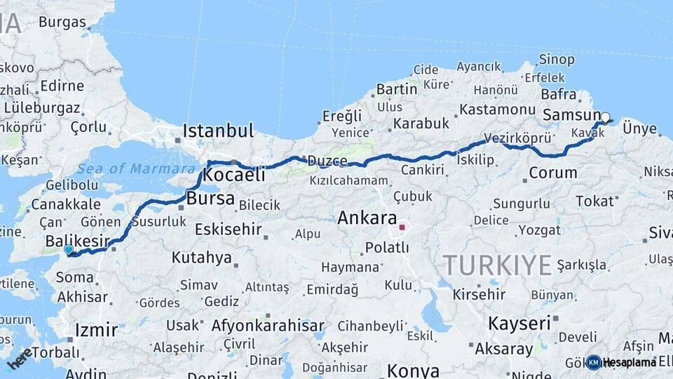 Havran Samsun Arası Kaç Km - Yol Tarifi