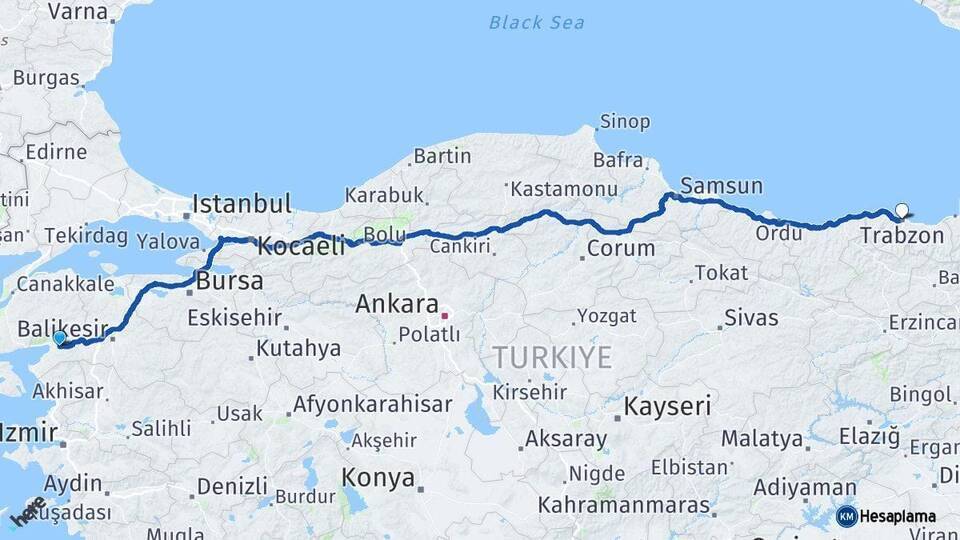 Havran Trabzon Arası Kaç Km - Yol Tarifi