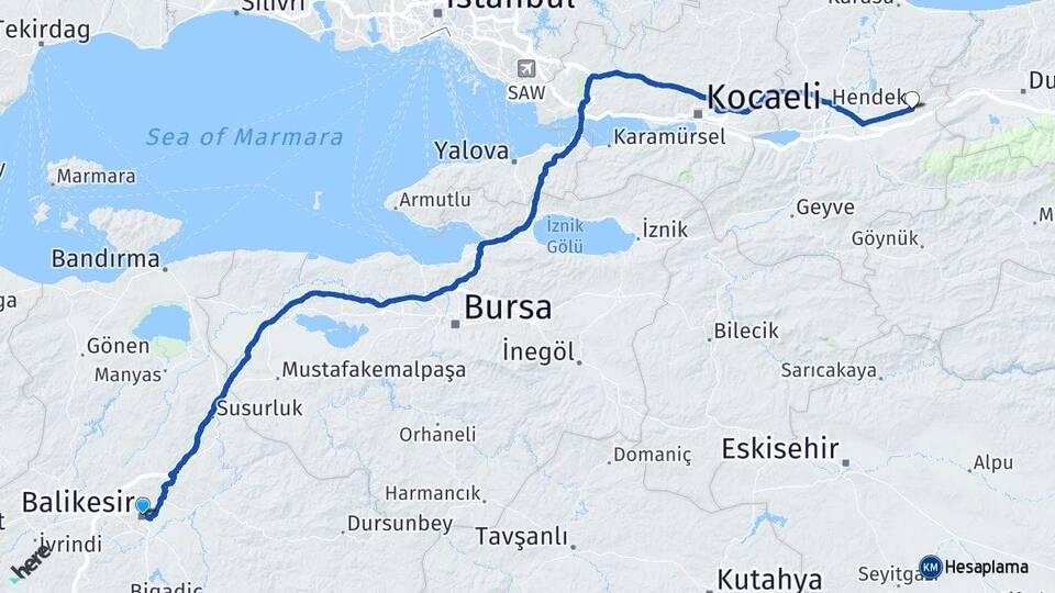 Balıkesir Hendek Sakarya Arası Kaç Km - Yol Haritası