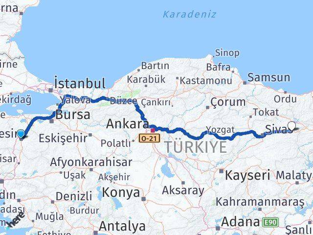 Balıkesir İmranlı Sivas Arası Kaç Km - Yol Haritası