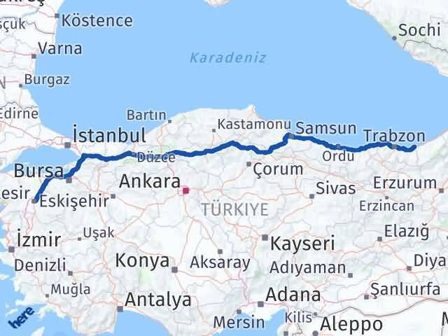 Balıkesir İyidere Rize Arası Kaç Km - Yol Haritası