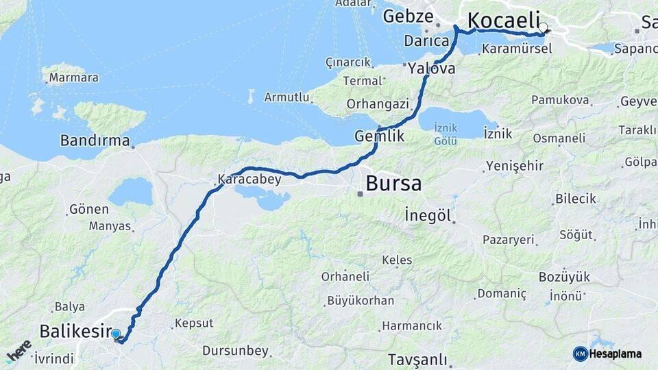 Balıkesir İzmit Kocaeli Arası Kaç Km - Yol Haritası