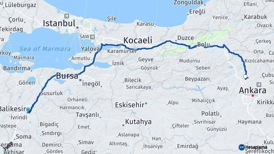 Balıkesir Kahramankazan Ankara Arası Kaç Km - Yol Haritası
