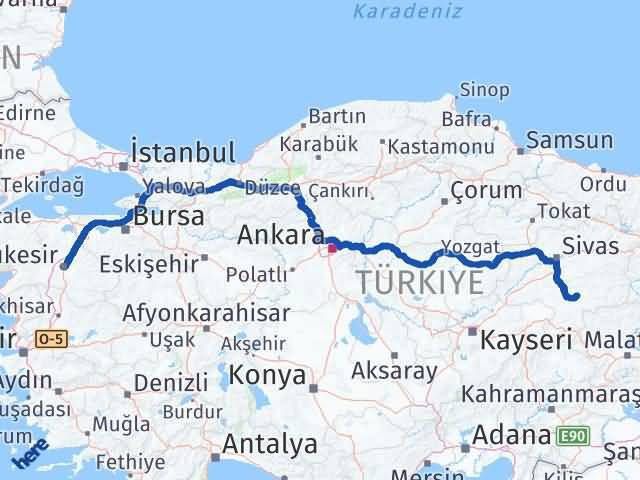 Balıkesir Kangal Sivas Arası Kaç Km - Yol Haritası