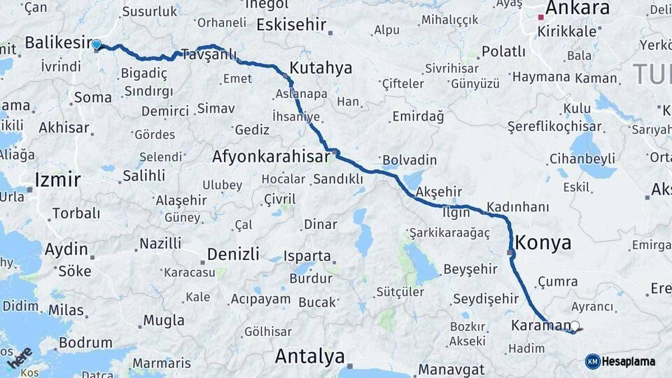 Balıkesir Karaman Arası Kaç Km - Yol Haritası