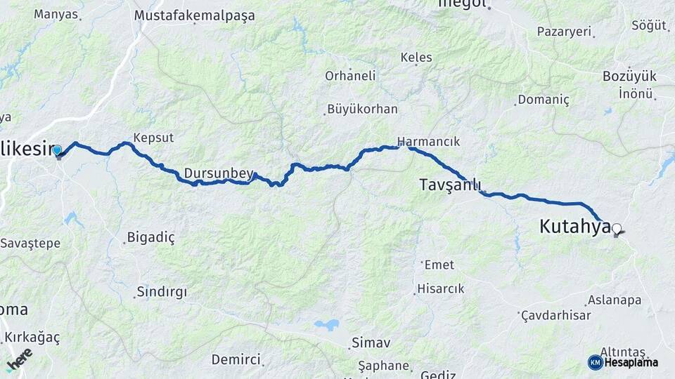 Balıkesir Karesi Kütahya Arası Kaç Km - Yol Haritası