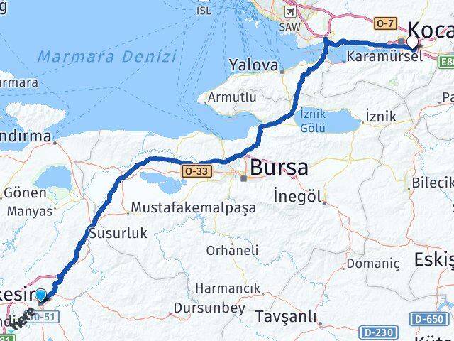 Balıkesir Kartepe Kocaeli Arası Kaç Km - Yol Haritası