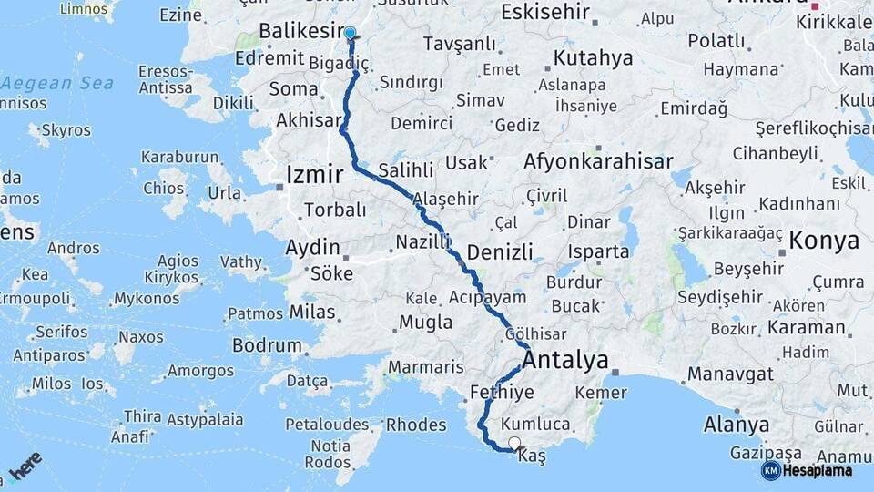 Balıkesir Kaş Antalya Arası Kaç Km - Yol Haritası