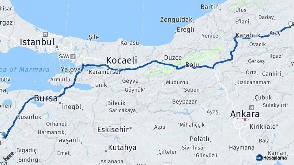 Balıkesir Kastamonu Arası Kaç Km - Yol Haritası
