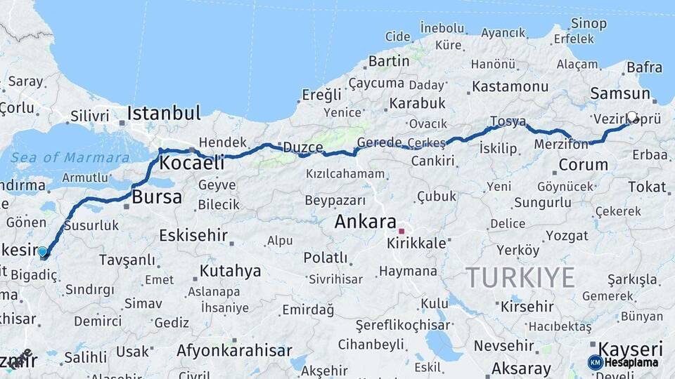 Balıkesir Kavak Samsun Arası Kaç Km - Yol Haritası