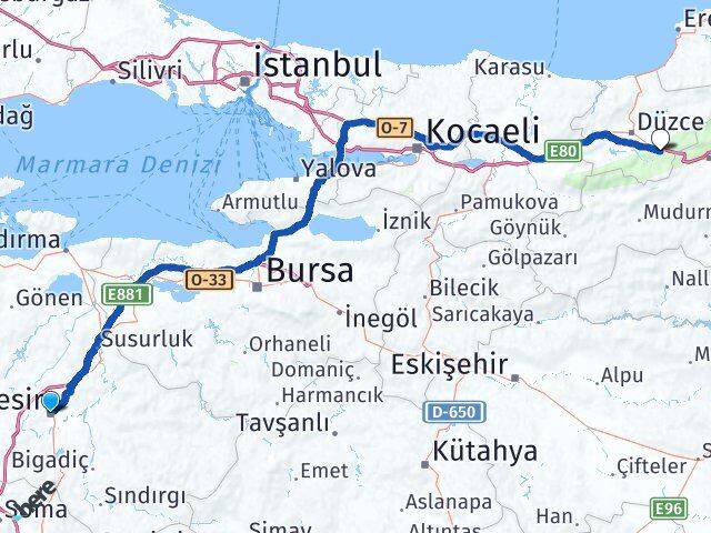 Balıkesir Kaynaşlı Düzce Arası Kaç Km - Yol Haritası