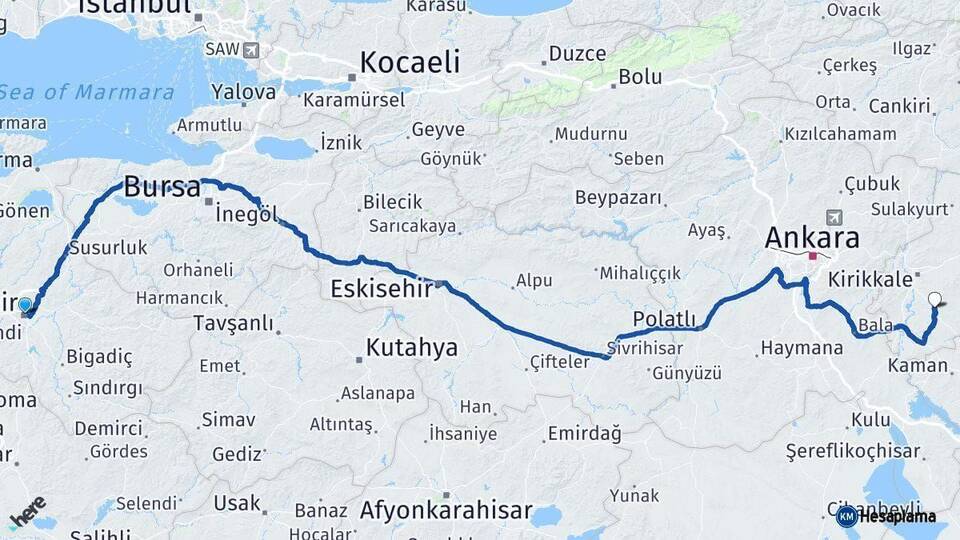 Balıkesir Keskin Kırıkkale Arası Kaç Km - Yol Haritası