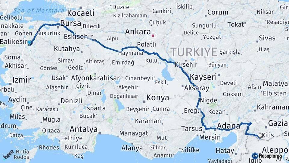 Balıkesir Kilis Arası Kaç Km - Yol Haritası