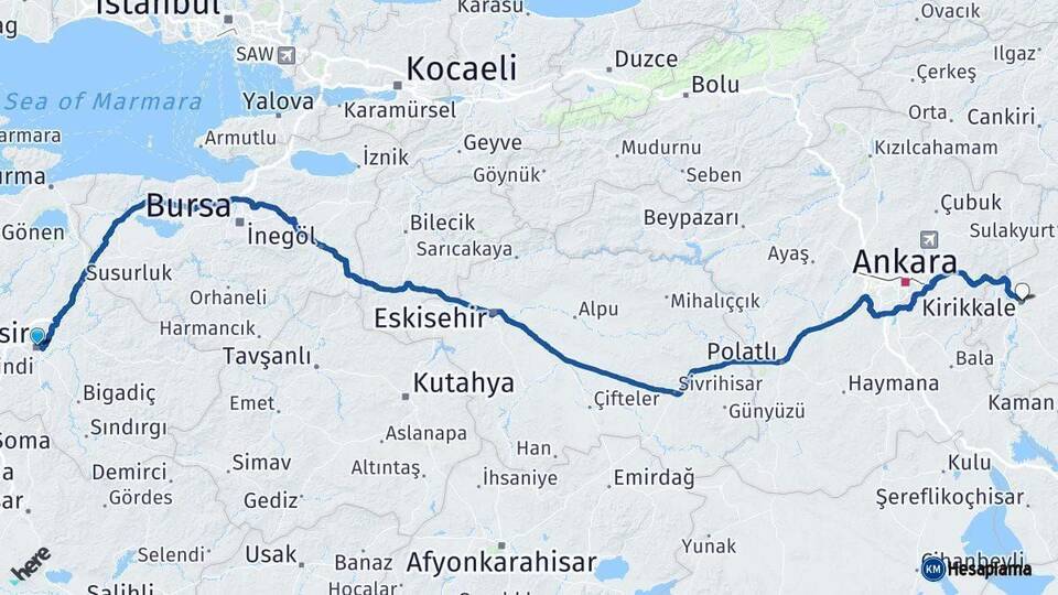 Balıkesir Kırıkkale Arası Kaç Km - Yol Haritası