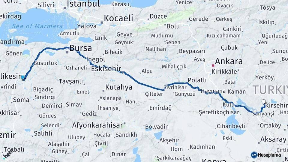 Balıkesir Kırşehir Arası Kaç Km - Yol Haritası