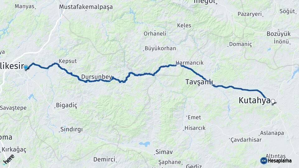 Balıkesir Kütahya Arası Kaç Km - Yol Haritası