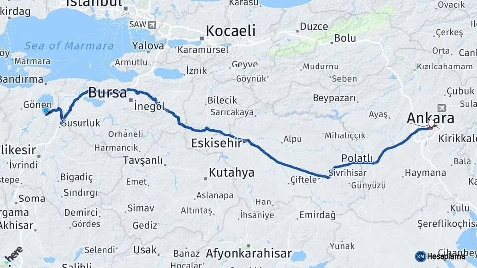 Balıkesir Manyas Ankara Arası Kaç Km - Yol Haritası