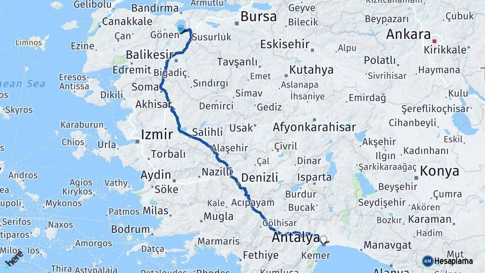 Balıkesir Manyas Antalya Arası Kaç Km - Yol Haritası