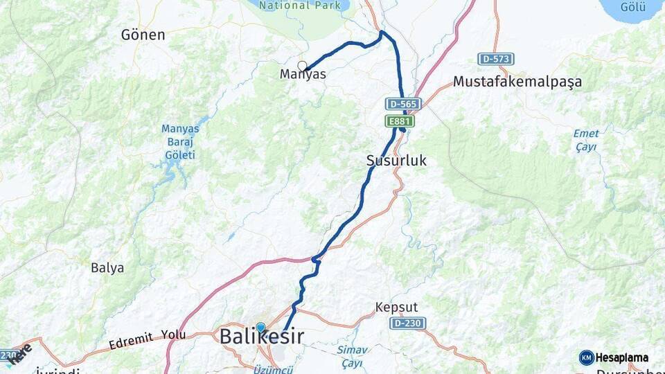 Balıkesir Manyas Arası Kaç Km - Yol Haritası