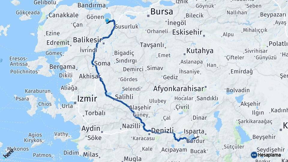 Balıkesir Manyas Burdur Arası Kaç Km - Yol Haritası