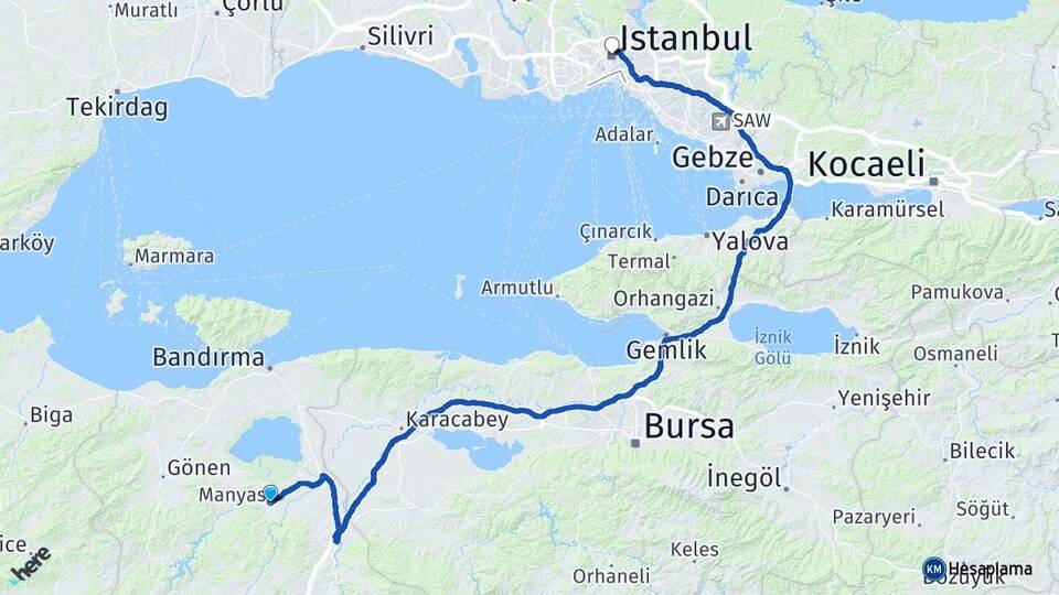 Balıkesir Manyas İstanbul Arası Kaç Km - Yol Haritası
