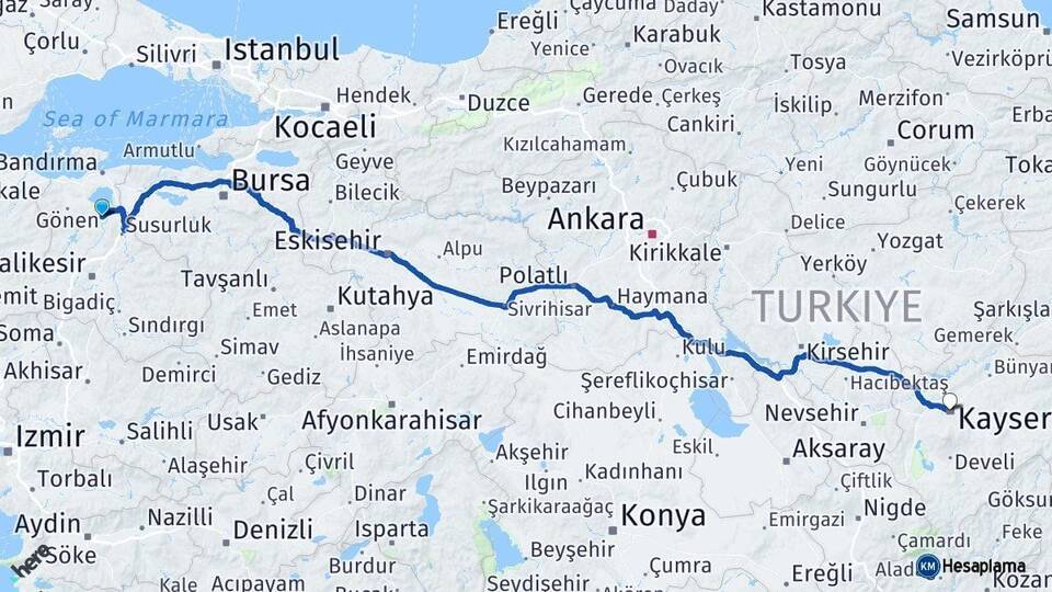 Balıkesir Manyas Kayseri Arası Kaç Km - Yol Haritası
