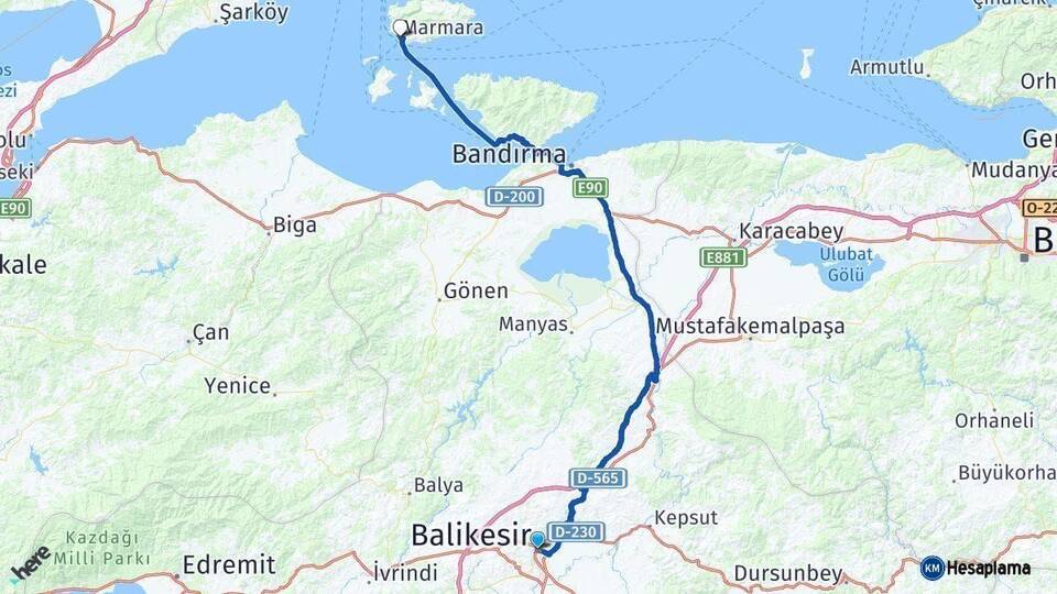 Balıkesir Marmara Arası Kaç Km - Yol Haritası