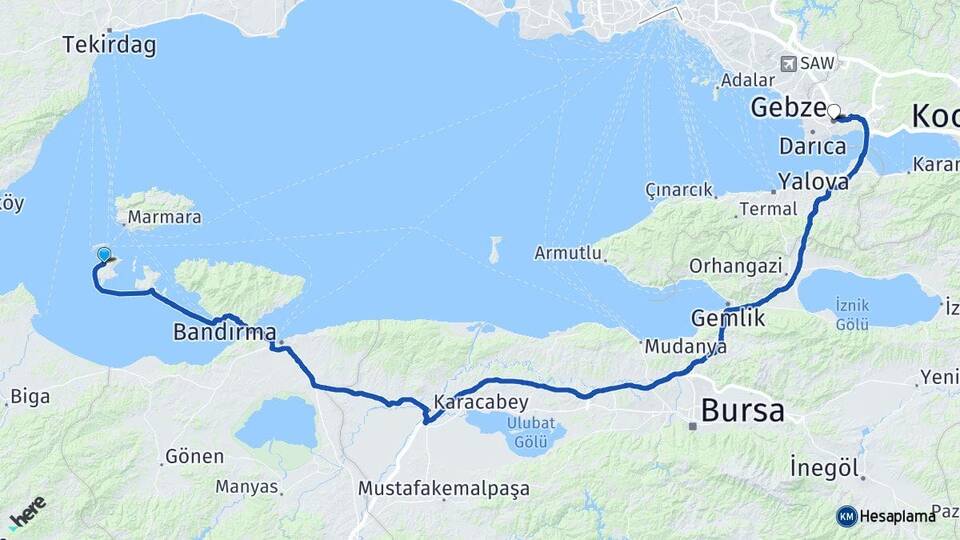 Balıkesir Marmara Avşa Gebze Kocaeli Arası Kaç Km - Yol Haritası