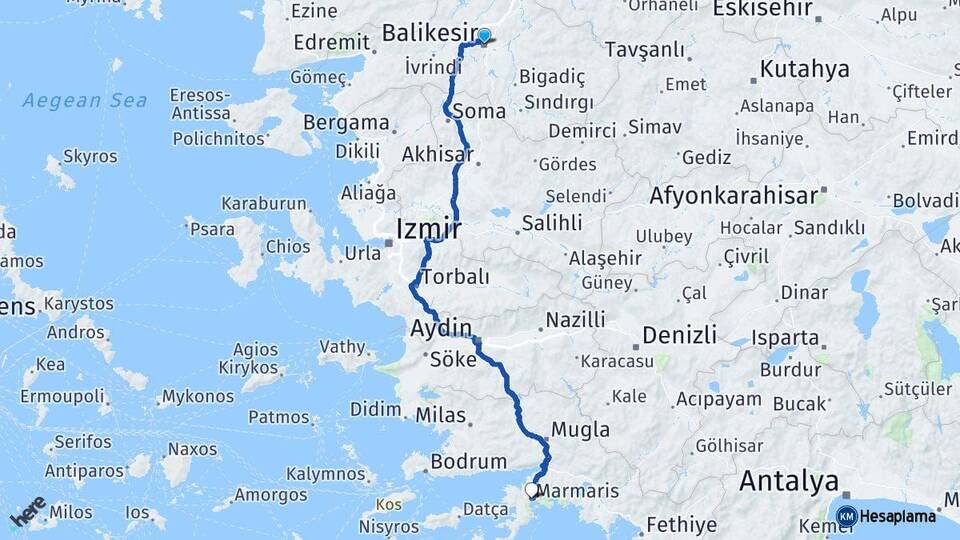 Balıkesir Marmaris Muğla Arası Kaç Km - Yol Haritası