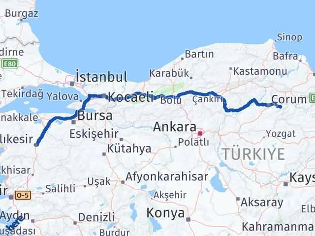 Balıkesir Mecitözü Çorum Arası Kaç Km - Yol Haritası